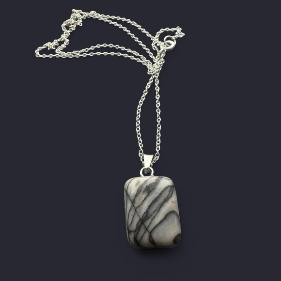 Black Picasso Jasper Stone Pendant Sterling Silver Necklace - Picture 4 of 5